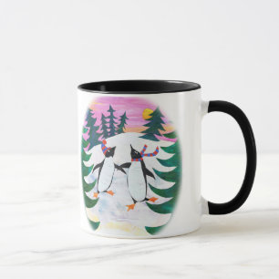 Cute Skating Penguins Snowscene Fun Ringer Mug
