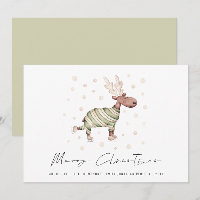 Cute Skating Reindeer Merry Christmas Holiday Card (Front/Back)