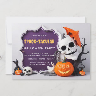 Cute Skeleton and Pumpkins Halloween Party Invitation