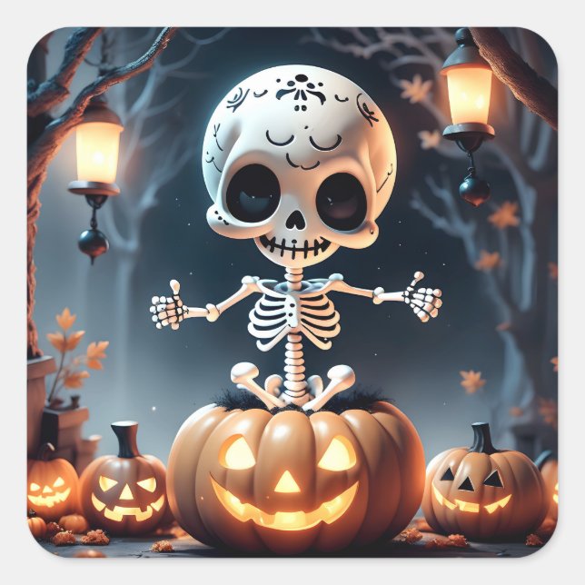 Cute Skeleton and Pumpkins Square Sticker (Front)