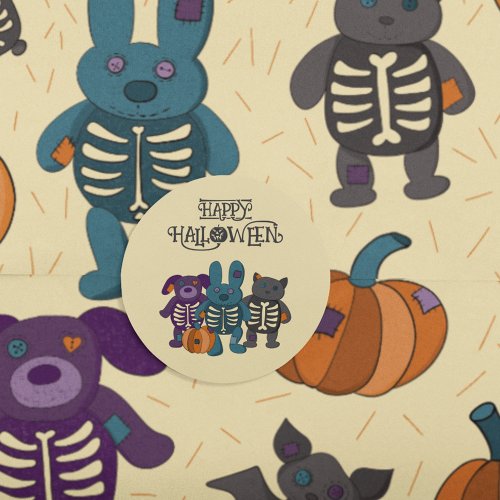 Cute Skeleton Animals and Pumpkins Halloween Classic Round Sticker