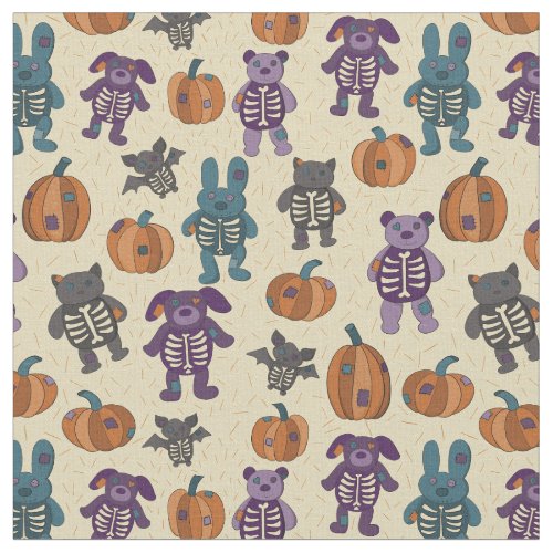 Cute Skeleton Animals and Pumpkins Halloween Fabric