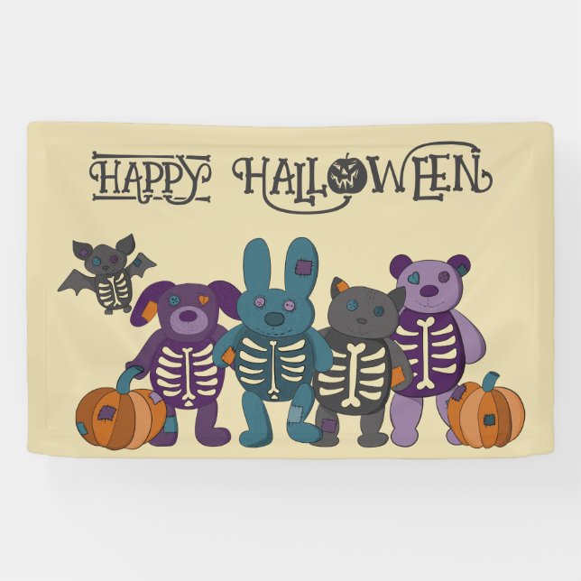 Cute Skeleton Animals and Pumpkins Halloween Party Banner (Horizontal)