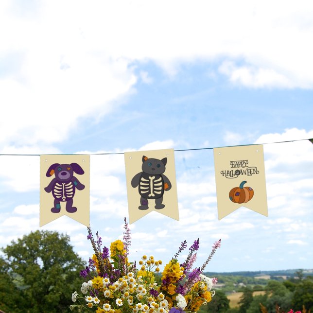 Cute Skeleton Animals and Pumpkins Halloween Party Bunting Flags (Creator Uploaded)