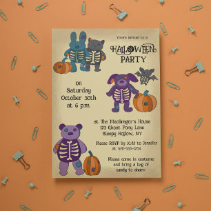 Cute Skeleton Animals and Pumpkins Halloween Party Invitation