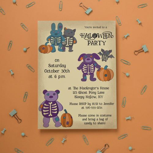 Cute Skeleton Animals and Pumpkins Halloween Party Invitation