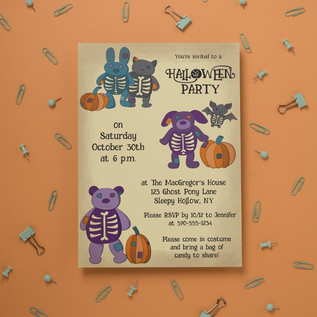 Cute Skeleton Animals and Pumpkins Halloween Party Invitation (Creator Uploaded)
