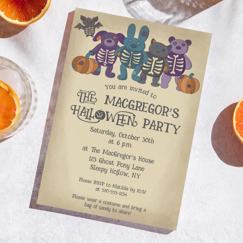 Cute Skeleton Animals and Pumpkins Halloween Party Invitation