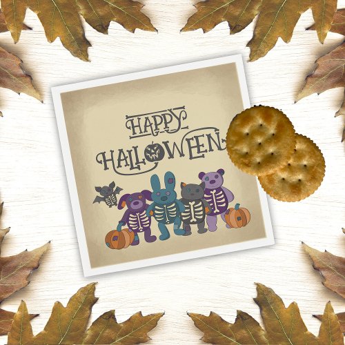 Cute Skeleton Animals and Pumpkins Halloween Party Napkins