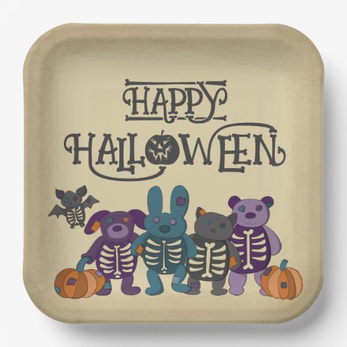 Cute Skeleton Animals and Pumpkins Halloween Party Paper Plates