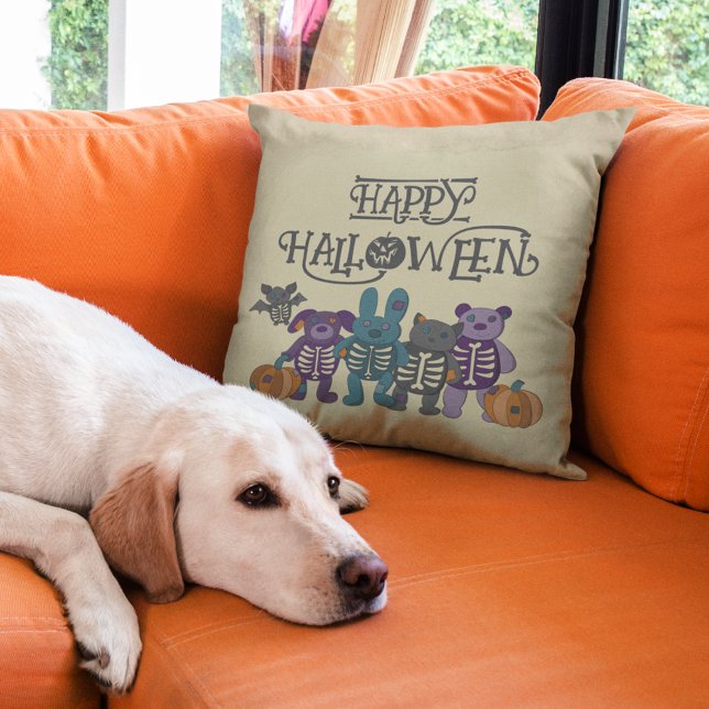 Cute Skeleton Animals and Pumpkins Halloween Party Throw Pillow (Creator Uploaded)