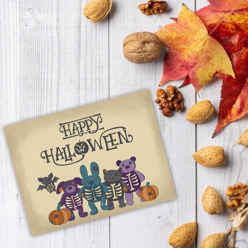Cute Skeleton Animals and Pumpkins Halloween Postcard