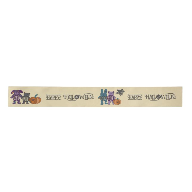 Cute Skeleton Animals and Pumpkins Halloween Satin Ribbon (Front)