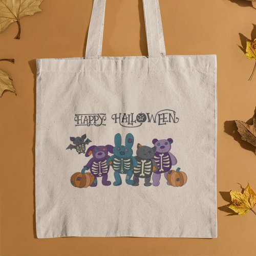 Cute Skeleton Animals and Pumpkins Halloween Tote Bag