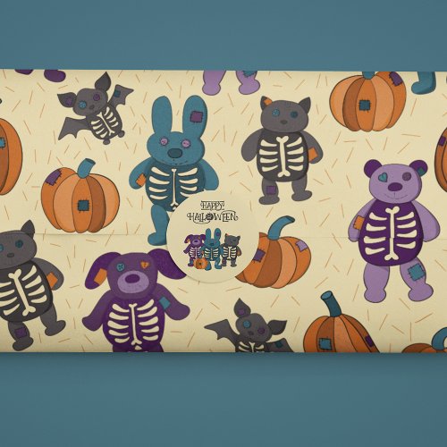 Cute Skeleton Animals and Pumpkins Halloween Wrapping Paper