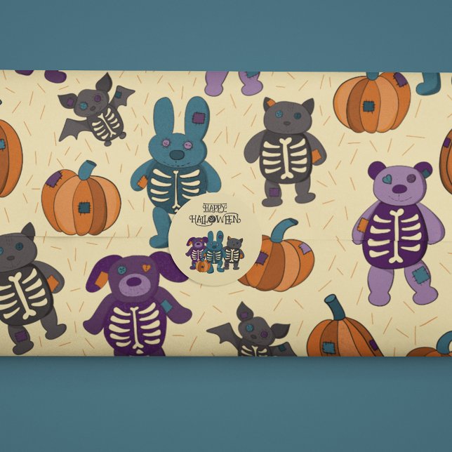 Cute Skeleton Animals and Pumpkins Halloween Wrapping Paper (Creator Uploaded)