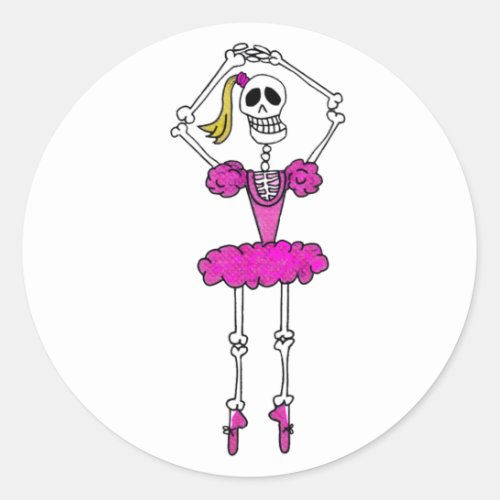 Cute Skeleton Ballerina Pink Tutu Ballet Slippers Classic Round Sticker