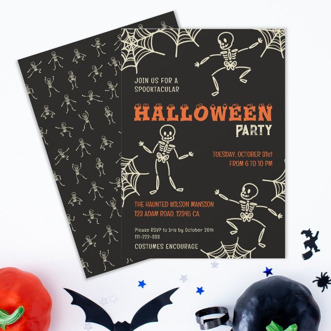 Cute Skeleton Black Halloween Party Invitation (Invite all skeleton crew, boys or girls to a spooktacular Halloween party that's frightfully fun.)
