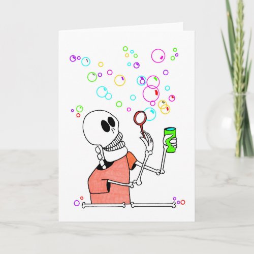Cute Skeleton Blowing Bubbles into Wind   Card