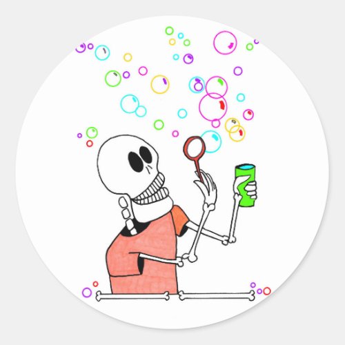 Cute Skeleton Blowing Bubbles into Wind Classic Round Sticker