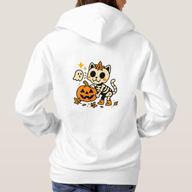 Cute Skeleton Cat with Pumpkin T-Shirt Hoodie (Back)