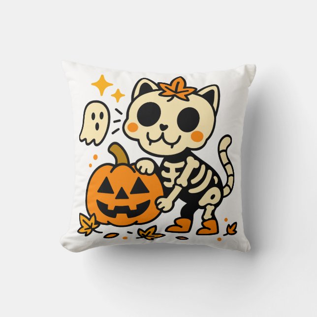 Cute Skeleton Cat with Pumpkin Throw Pillow (Front)