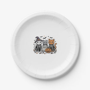 Cute Skeleton Cats Halloween Vintage Engraving Shi Paper Plates
