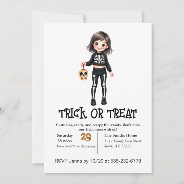Cute Skeleton Child On Halloween In Costume Invitation (Front)