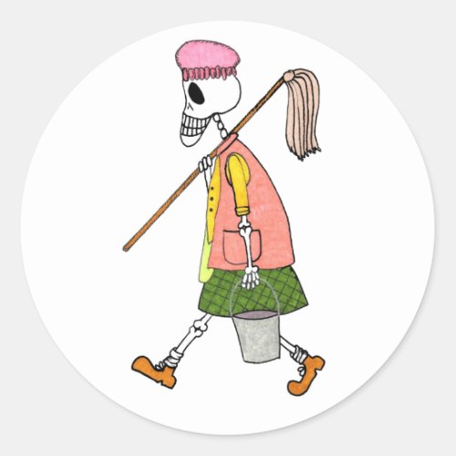 Cute Skeleton Cleaning Woman Mop  Pail Classic Round Sticker