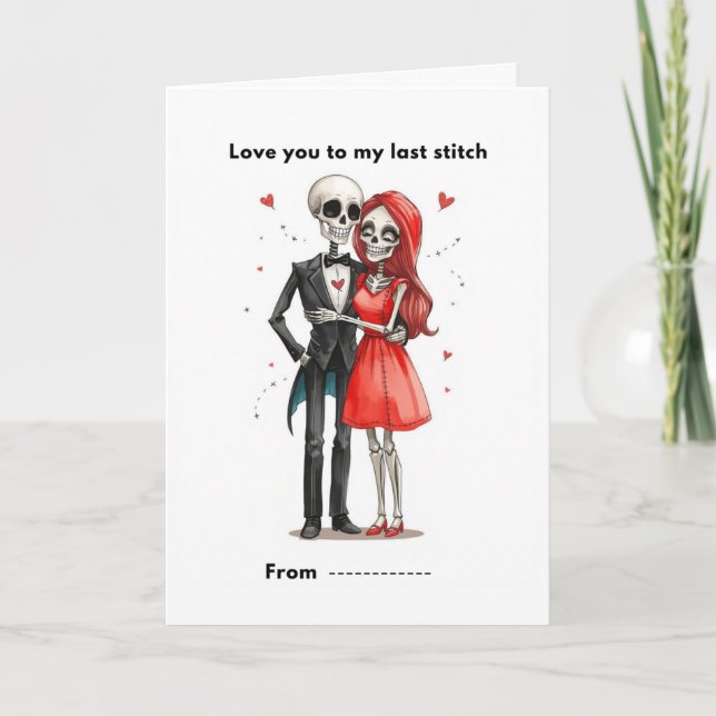 Cute Skeleton Couple Stitched Heart Valentine Card (Front)