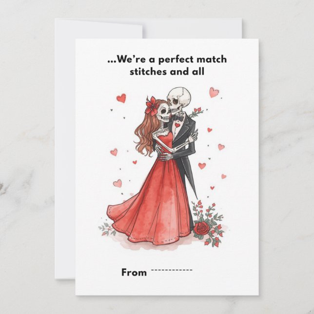 Cute Skeleton Couple Stitched Heart Valentine Card