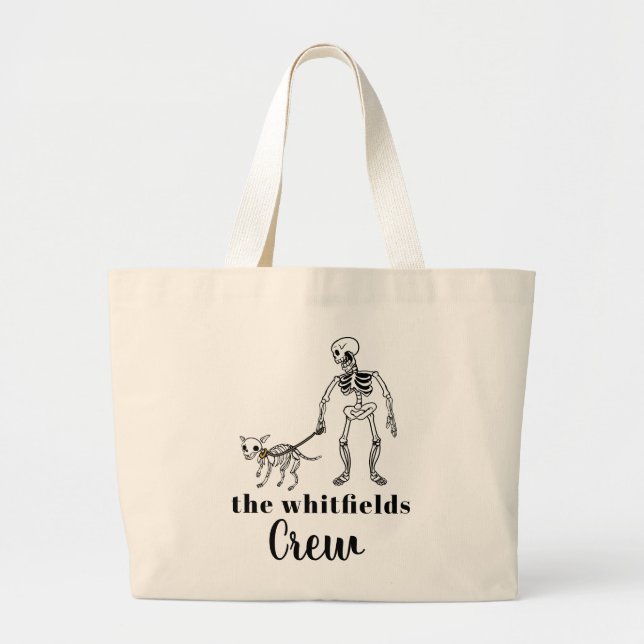 Cute Skeleton Dog Walker Halloween Family Matching Large Tote Bag (Front)
