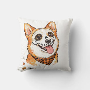 Cute Skeleton Face Paint Corgi Halloween Colored P Throw Pillow