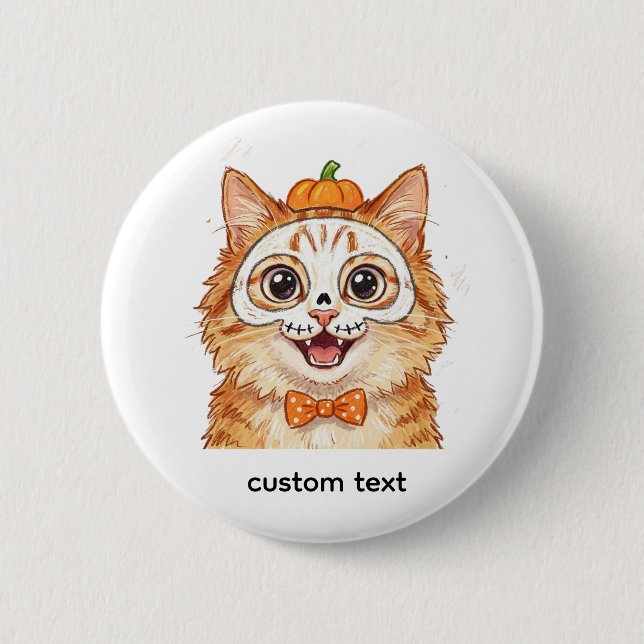 Cute Skeleton Face Paint Ginger Cat Halloween  Button (Front)