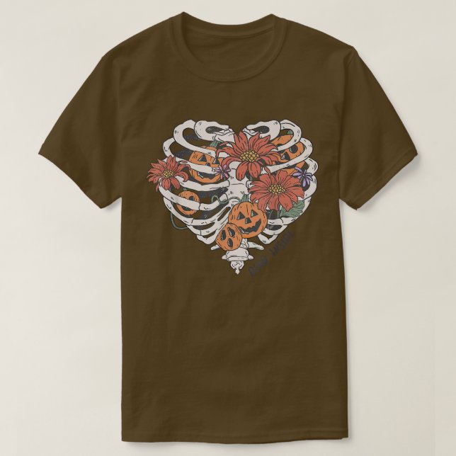 Cute Skeleton Heart Rib Flower Pumpkin Spooky Hall T-Shirt (Design Front)