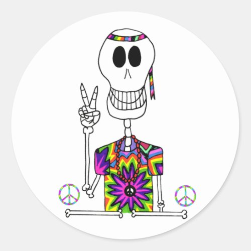 Cute Skeleton Hippie in Tie Dye with Peace Sign Classic Round Sticker
