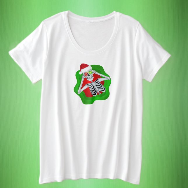 Cute Skeleton Holding Ornaments Santa Hat Bright Plus Size T-Shirt (Fun Skeleton in Santa Hat with ornaments in red green splatter shape on womans plus tee shirt.)