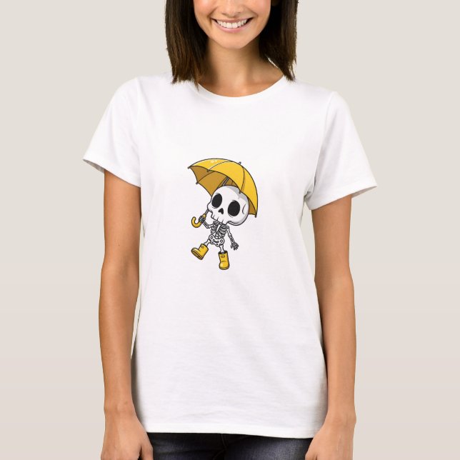 Cute Skeleton Holding Yellow Umbrella Wearing Rain T-Shirt (Front)