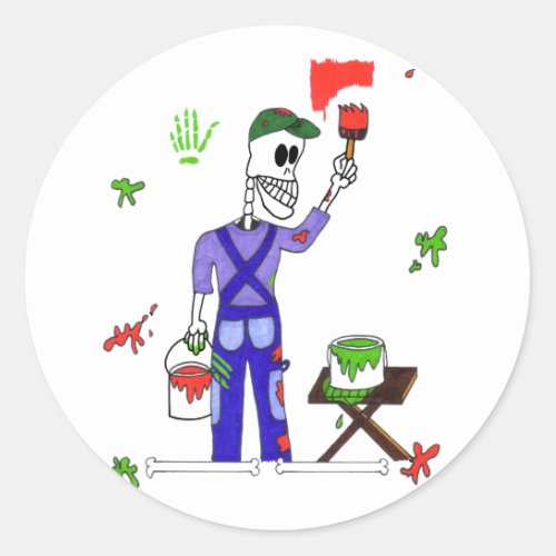 Cute Skeleton House Painter in Overalls Painting Classic Round Sticker