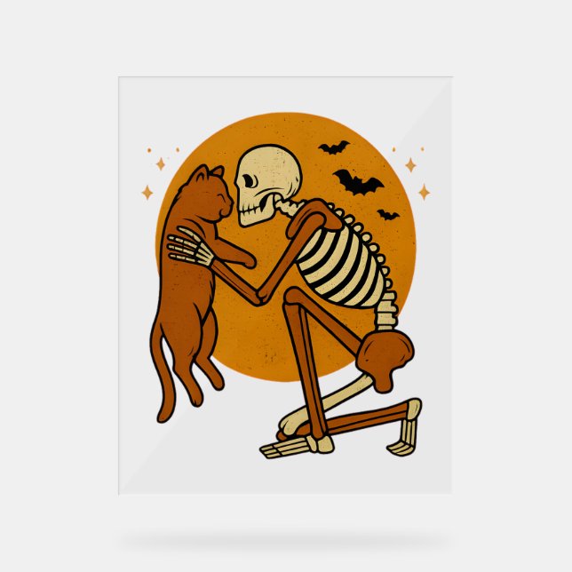 Cute Skeleton Hugging Cat Gothic Halloween Design Acrylic Sign (Front)