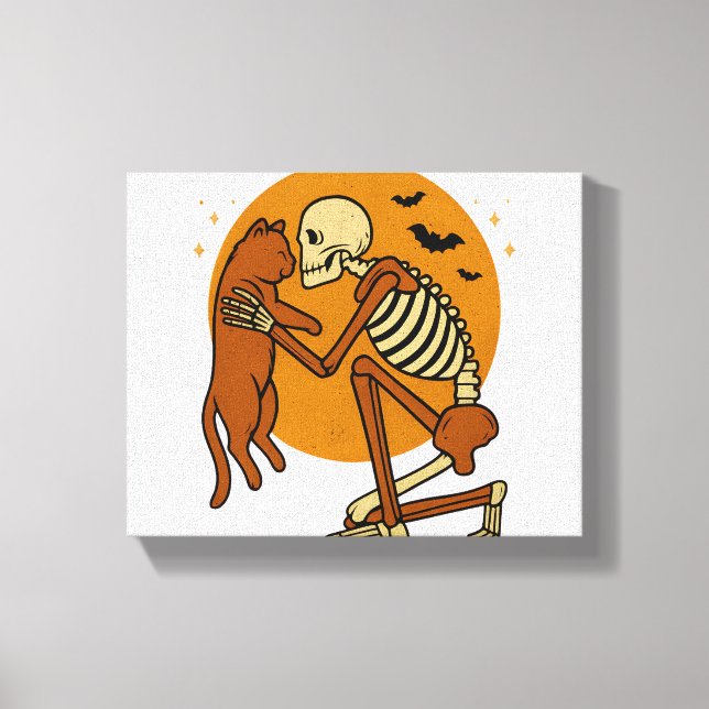 Cute Skeleton Hugging Cat Gothic Halloween Design Canvas Print (Front)