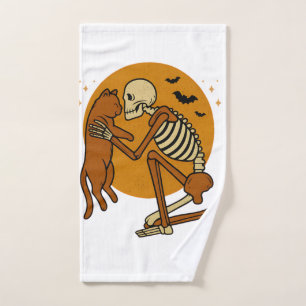 Cute Skeleton Hugging Cat Gothic Halloween Design Hand Towel