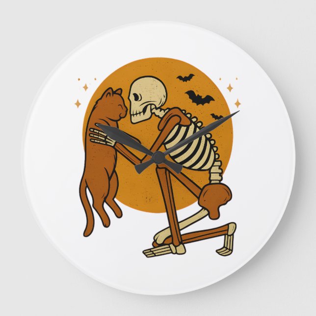 Cute Skeleton Hugging Cat Gothic Halloween Design Large Clock (Front)
