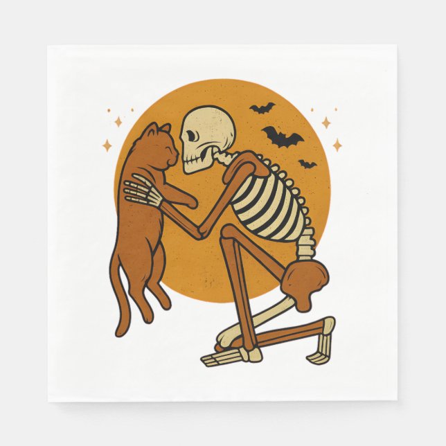 Cute Skeleton Hugging Cat Gothic Halloween Design Napkins (Front)