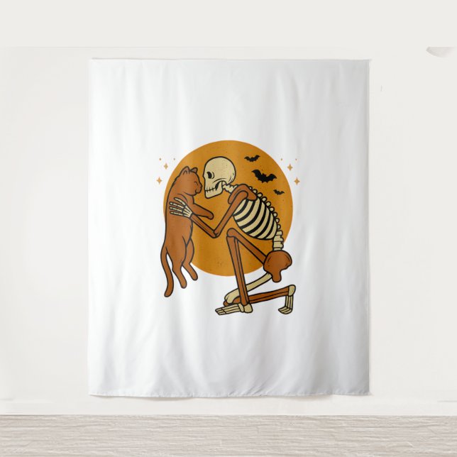 Cute Skeleton Hugging Cat Gothic Halloween Design Tapestry (Front)