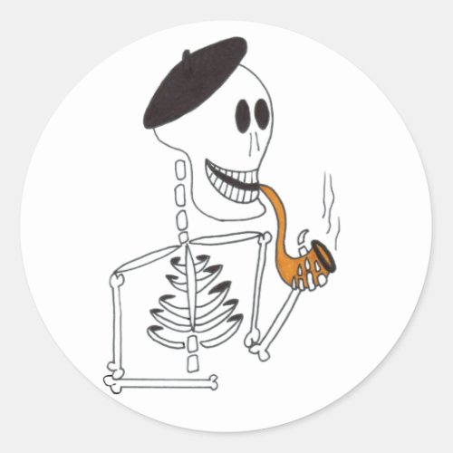 Cute Skeleton in a French Beret Hat with Pipe Classic Round Sticker