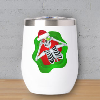 Cute Skeleton in Bright Red Green Splatter Xmas Thermal Wine Tumbler