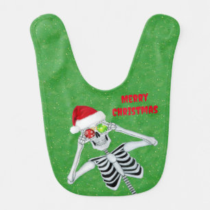 Cute Skeleton Ornaments Santa Hat Green Sparkles Baby Bib