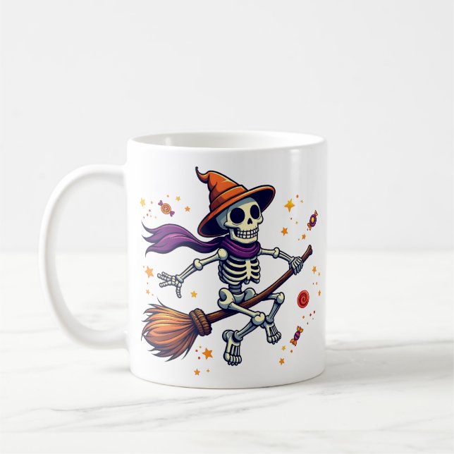 Cute Skeleton Riding Broom Halloween Mug (Left)