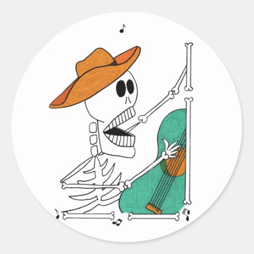 Cute Skeleton Singing Cowboy Playing Guitar Classic Round Sticker